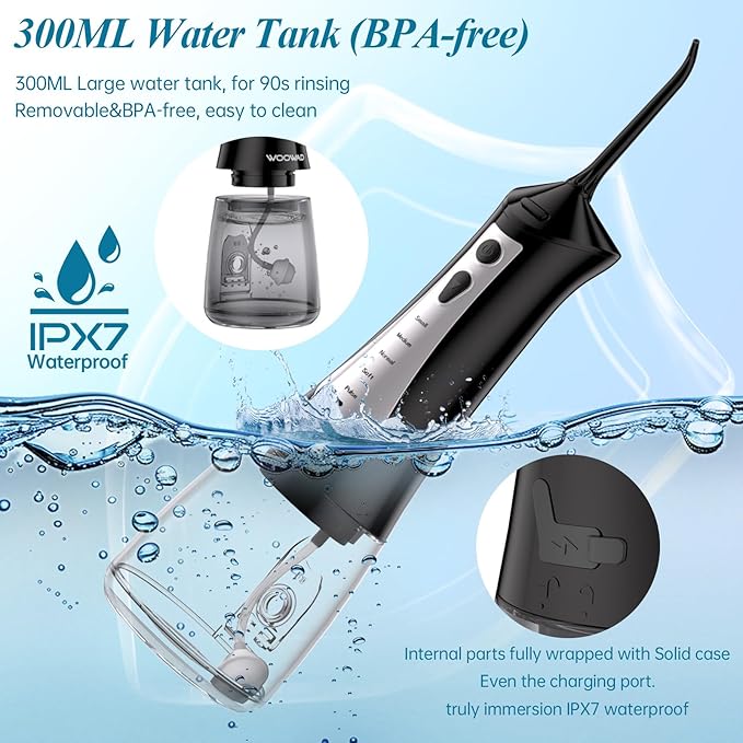 Water Flosser for Teeth 300ML CordlessPortable Water Dental Floss Pick IPX7 Waterproof 5 Modes &amp 6 Jet Tips Noise&lt70db Water Picks for Teeth Cleaning and Flossing Braces GumsOral Care