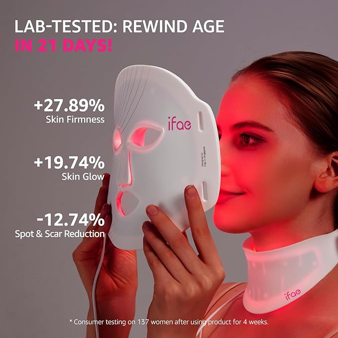 Red Light Therapy Mask for Face and Neck 7 Colors with NIR Led Face Mask Light Therapy with Eye Protection and Remote Rechargeable Ergonomic Design for True Anti-Aging Skincare at Home White