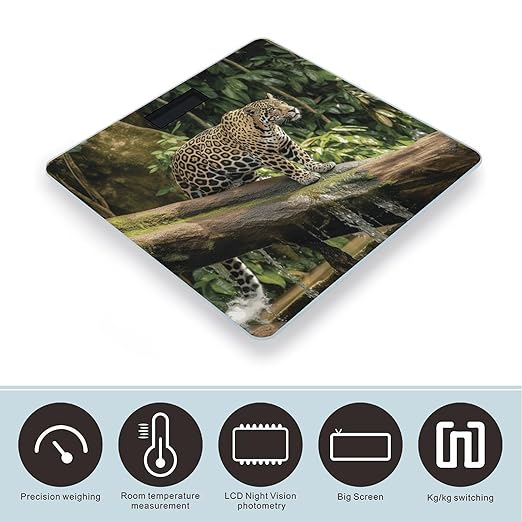 Jaguar Cat on Tree Trunk WaterfallScale for Body Weight with LCD High Precision Weighing Scales Fashion Sturdy Tempered Glass Weight Scales Easy-to-Read Digital Bathroom Scale for Daily 400lb