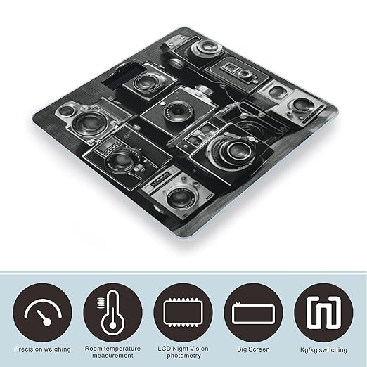 Retro Cool Camera Collection Bathroom Scale Automatic Power On/Off Body Scales LCD Backlight Display Square Digital Scale Rounded Corners Bathroom Scales for Home Bedrooms