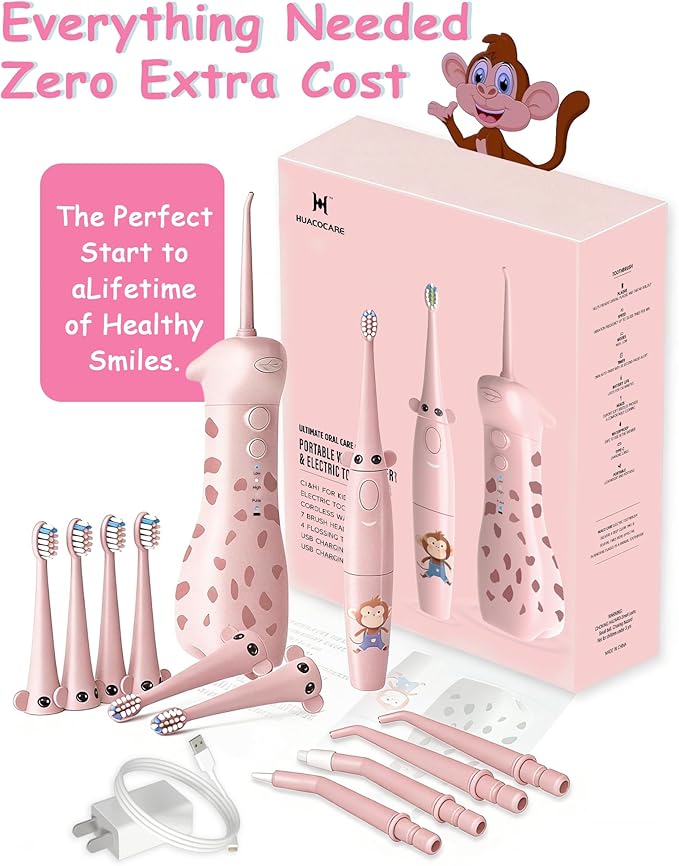 HUACOCARE Kids Water Flosser &amp Electric Toothbrush Combo | Giraffe &amp Monkey Design | 3 Gentle Modes &amp 2 Sonic Modes | All-in-One for Healthy Brushing Habits |Braces-Friendly | Gift for Boy