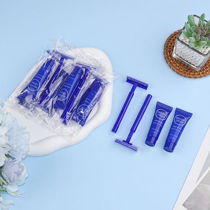 Disposable Razor Shaving Cream Set Individually Wrapped Manual Twin Blade Shaving Razors in Bulk with Mini Smooth Shaving Cream Toiletries for Hotel Charity Camping Travel Homeless 0.34oz (100 Pack)
