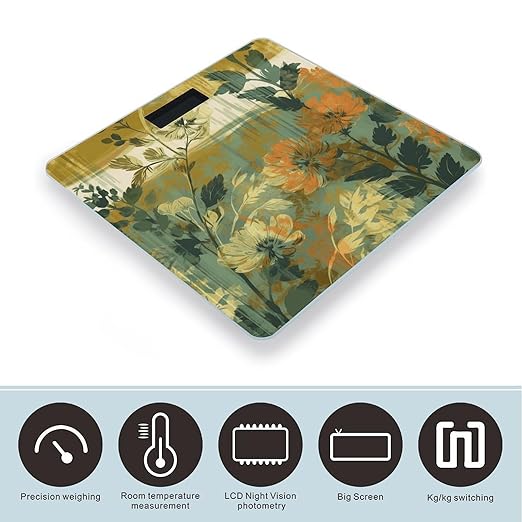 Natural Colorful Flowers Scale for Body Weight Anti-Slip Tempered Glass Digital Bathroom Scales Clear LCD Display Weighing Scale Safe Rounded Corners Smart Scales