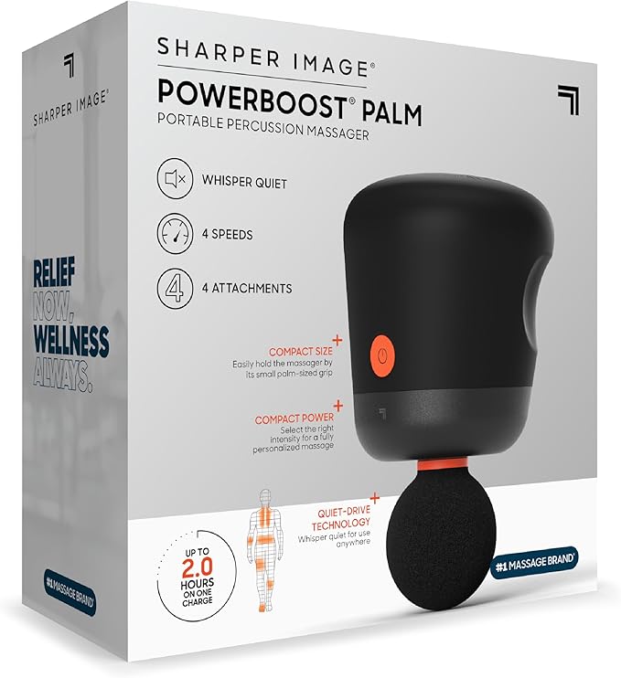 Sharper Image Mini Massage Gun Powerboost Palm Rechargeable Deep Tissue Percussion Handheld Massager 4 Adjustable Speeds 4 Attachment Heads Full Body Muscle Pain Relief Gift Black