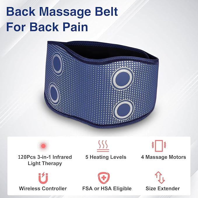 Cordless Back Massager Belt - FSA-HSA Eligible Red Light Therapy Massage Belt with 5 Heating Levels3 Vibration Modes Lower Back Massager for Pain Relief Deep Tissue4 MotorsBattery-Powered (Blue)