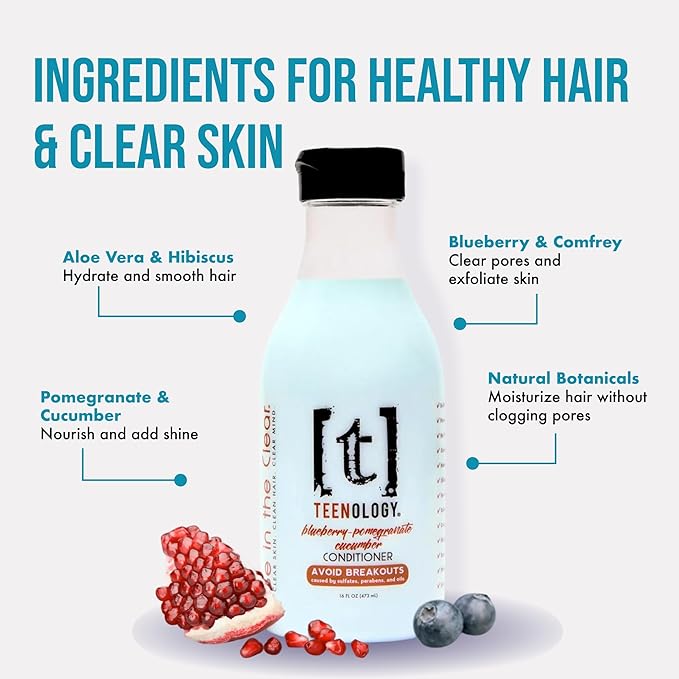 Teenology Shampoo Conditioner and Body Wash Bundle (Save 10%) - Sulfate and Paraben Free Noncomedogenic Natural Botanical Extracts Blueberry Pomegranate Cucumber and Tropical Orange - 16 oz.