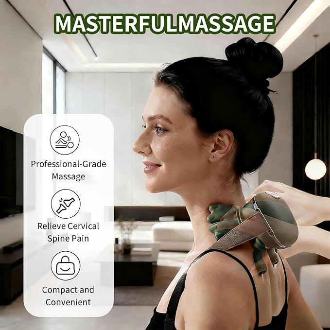 Real Touch Therapy Neck Massager USB-Powered Shiatsu Finger-Style Massager with Heating One Touch Point Deep Tissue Relief Ergonomic Fabric Finish for Home &amp Office Portable Mechanical Control