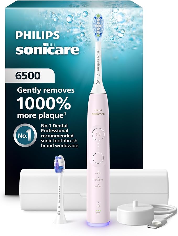 Philips Sonicare 6500 Series Electric Toothbrush - Next-Generation Sonicare Technology Pressure Sensor 9 Brushing Settings SmarTimer BrushPacer 21-Day Runtime Travel Case Light Pink HX7412/05