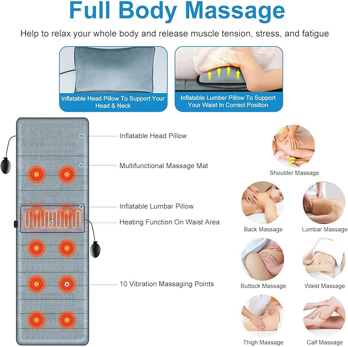 Moclever Full Body Massage Mat with Heat - 10 Motors 3 Heat Pads 9 Modes for Back &amp Leg Pain Relief - Electric Massage Pad with Lumbar Pillow