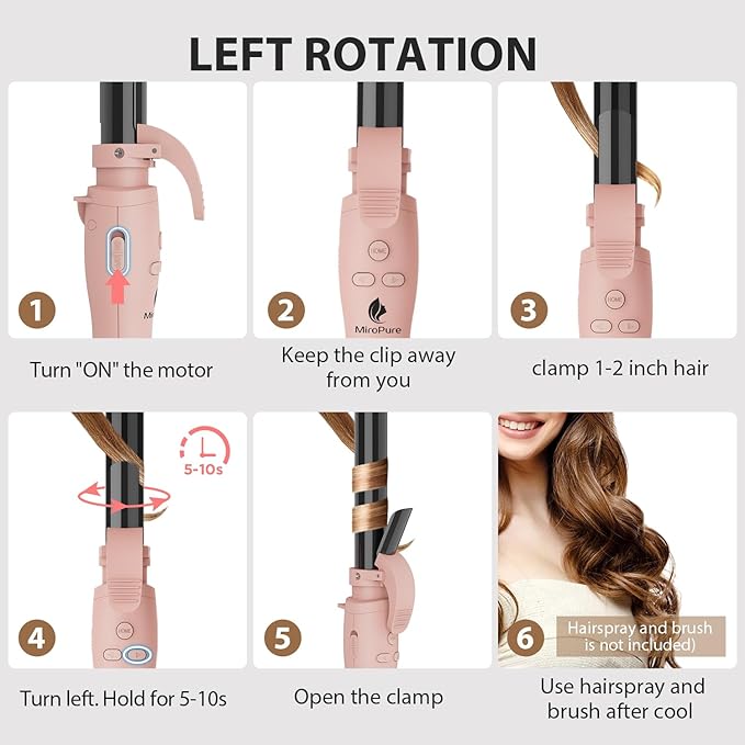 MiroPure Automatic Curling Iron 1 Inch Ionic Hair Curler Self Rotating Curling Wand with Longer Barrel for Waves and Curls Unique Button to Enable/Distable Rotation Get Rid of Accidentally Hit