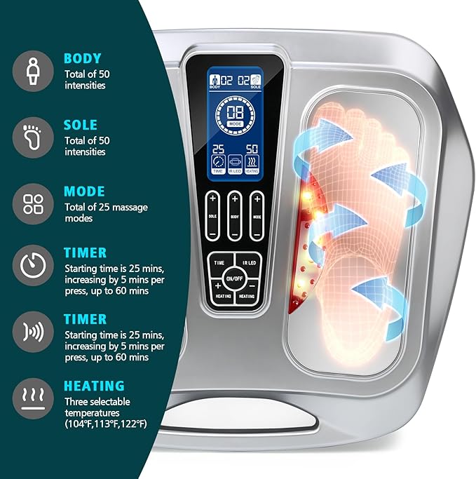 EMS Foot Massager with HeatTENS Electronic Muscle Circulation Stimulator with 4 Electrode Pads for NeuropathyRelieves Swelling Fatigue Plantar Fasciitis-Silent Operation (Silver) (Silver)