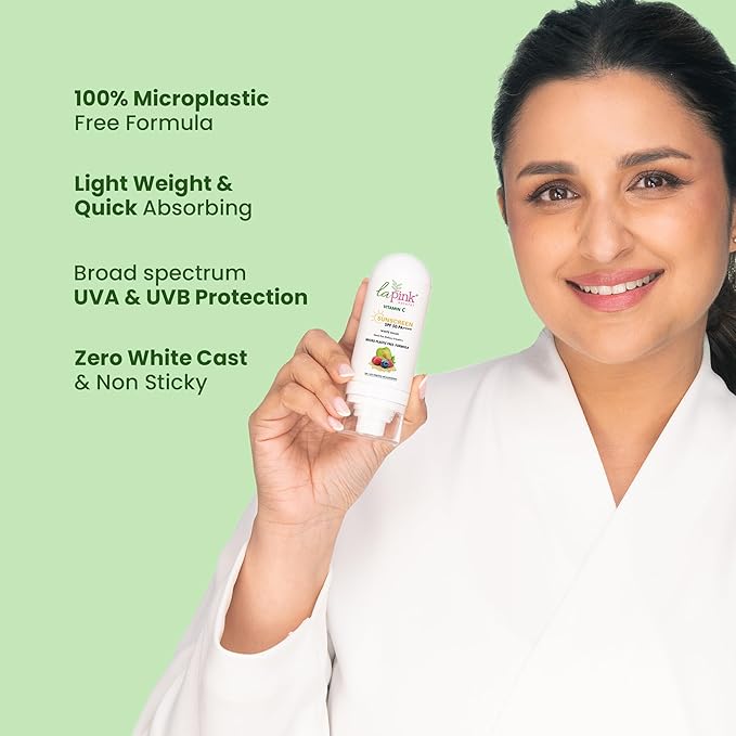 La Pink Vitamin C Sunscreen For Men and Women | SPF 50 PA++++ UVA + UVB Hydration &amp Moisturization 100% Microplastic Free Formulation | Non Greasy | Zero White Cast | 50gm