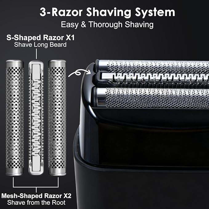 Men's 2-in-1 Rechargeable Foil Shaver &amp Hair Clipper Beard &amp Sideburn Grooming Trimmer 3 Floating Blades Electric Razor 7200RPM High-Speed Motor IPX7 Waterproof Travel-Friendly