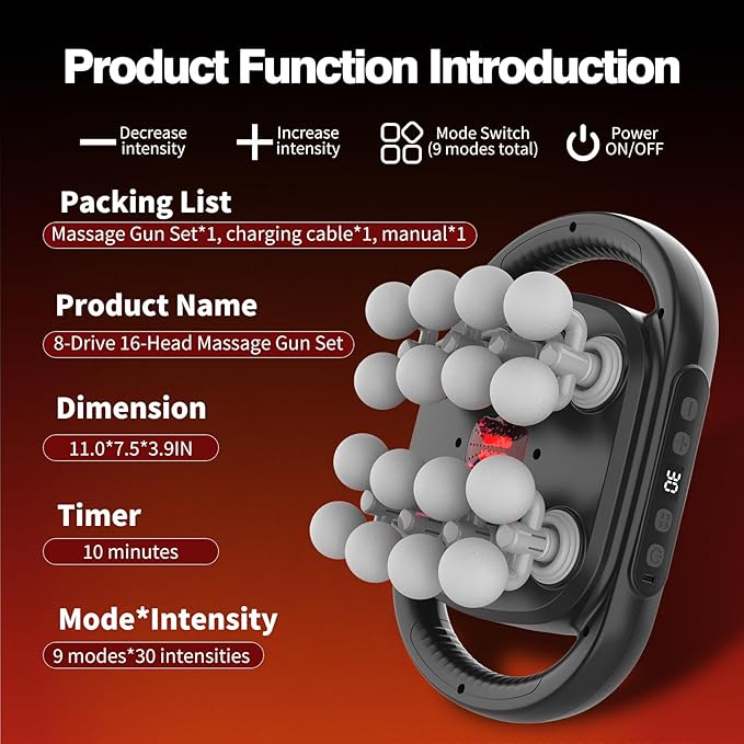 New 16 Head Massage Gun Set Muscle Relaxation Massage Suitablefor Back Leg and Foot Muscle Relaxation Deep Tissue Massage GunPortable 30-SpeedSettings (with 16 Gray Massage Heads)
