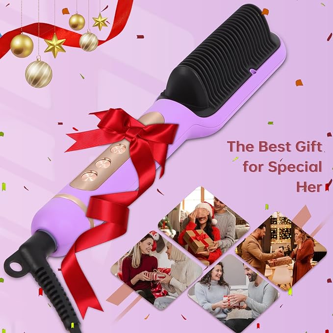 Negative Ionic Hair Straightener Brush with 9 Temp Settings 30s Fast Heating Hair Straightening Comb with LED Display Anti-Scald &amp Auto-Shut Off Hair Brush Straightener for Women (Purple)