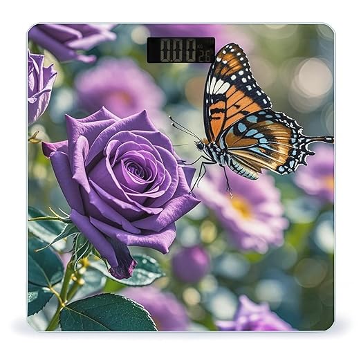 Purple Rose with Beautiful Butterfly Bathroom Scale for Body Weight Bathroom Weighing Scales with Back Lit LED Display Sturdy Tempered Glass Body Weight Bathroom Scale 400lb Weighing
