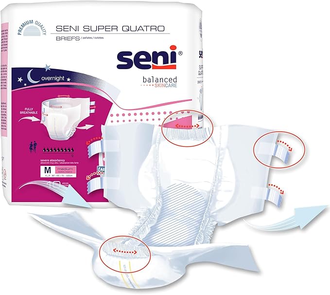 Seni Super Quatro Unisex Adult Incontinence Briefs with Tabs Size Medium (30-43) 40 Count (4 Packs of 10) Severe Absorbency Disposable Overnight Briefs for Men &amp Women