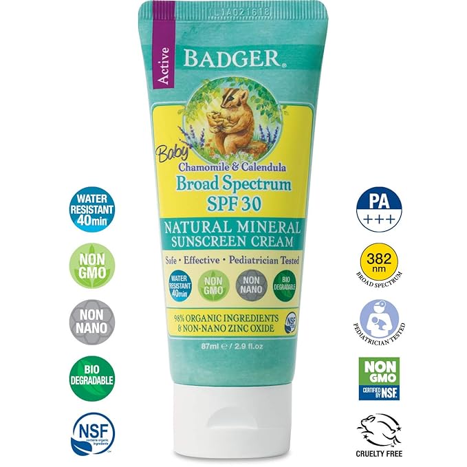 Badger - SPF 30 Baby SunscreenCream with Zinc Oxide - Broad Spectrum &amp Water Resistant Reef Safe Sunscreen Natural Mineral Sunscreen with Organic Ingredients 2.9 fl oz