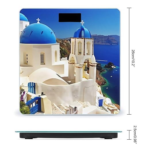 Santorini Greek Island Sea View Scale for Body Weight Anti-Slip Sturdy Tempered Glass Weighing Machine Highly Digital Accurate Bright LCD Bathroom Scale for Household Gift