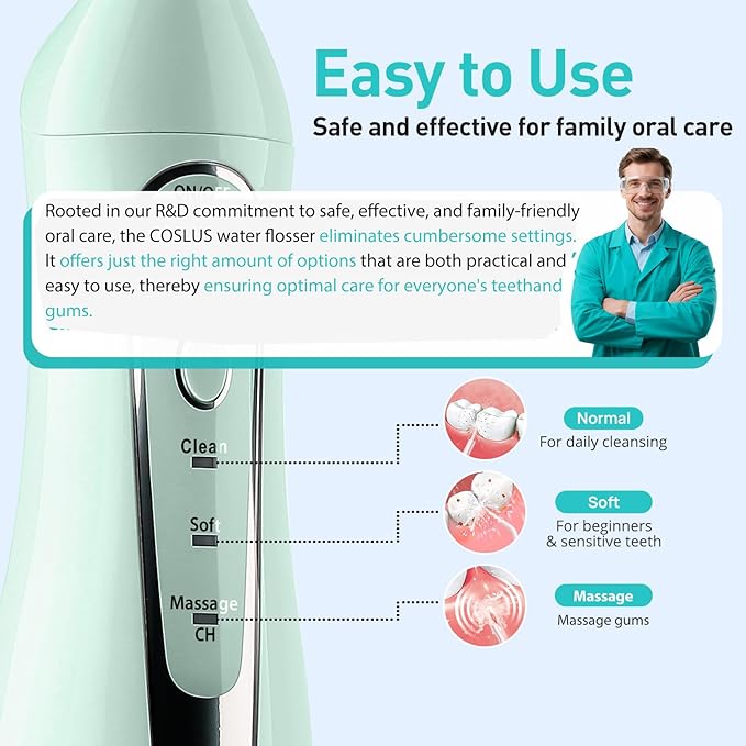 COSLUS Water Dental Flosser Teeth Pick C20(F5020E): Portable Cordless Oral Irrigator 300ML Rechargeable Travel Irrigation Cleaner IPX7 Waterproof Electric Flossing Machine for Teeth Cleaning Green