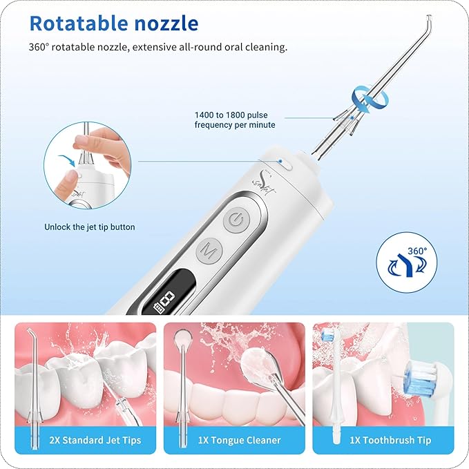Sadat Cordless Water Dental Flosser – 9 Modes LED Screen 300ML Portable Oral Irrigator Rechargeable &amp IPX7 Waterproof Teeth Cleaning Picks for Home &amp Travel White