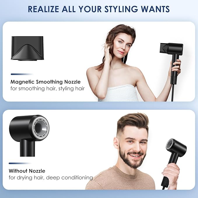 Hair Dryer - 150000 RPM High-Speed Blow Dryer with Negative Ionic Care for Fast Drying. Lightweight Low Noise Design with 4 Temps/2 Speeds and Magnetic Nozzle (Black)