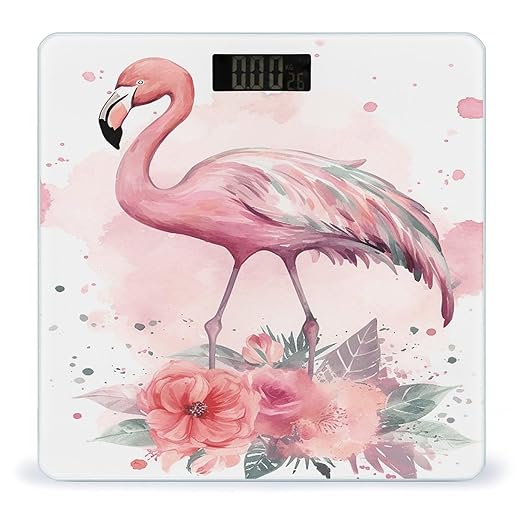 Vintage Boho Flamingo Florals Bathroom Scale Automatic Power On/Off Body Scales LCD Backlight Display Square Digital Scale Rounded Corners Bathroom Scales for Home Bedrooms
