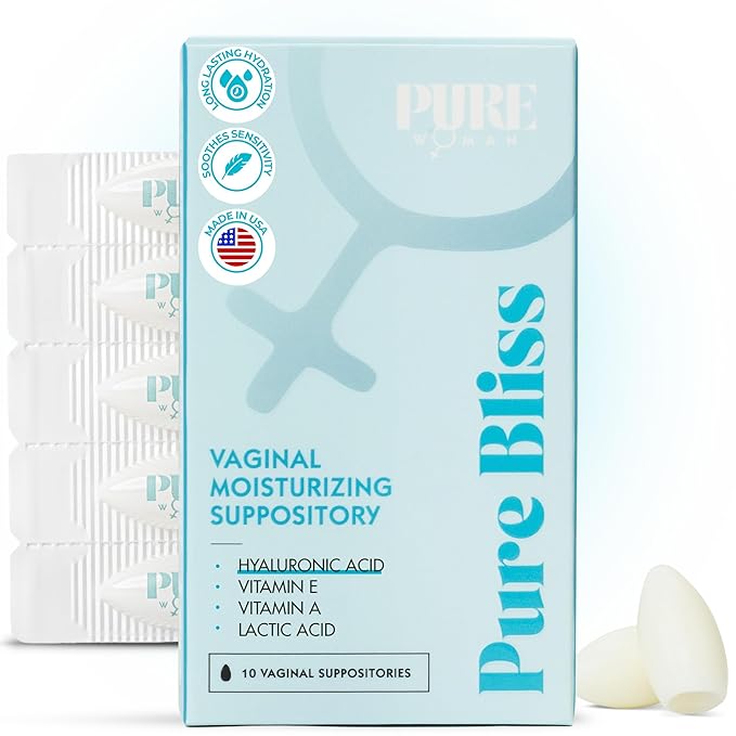 PURE WOMAN - Pure Bliss - Vaginal Moisturizing Suppositories - Hyaluronic Acid Vitamin E Vitamin A Lactic Acid - Supports Vaginal Moisturization - Long Lasting Comfort &amp Sensitivity Relief - 10