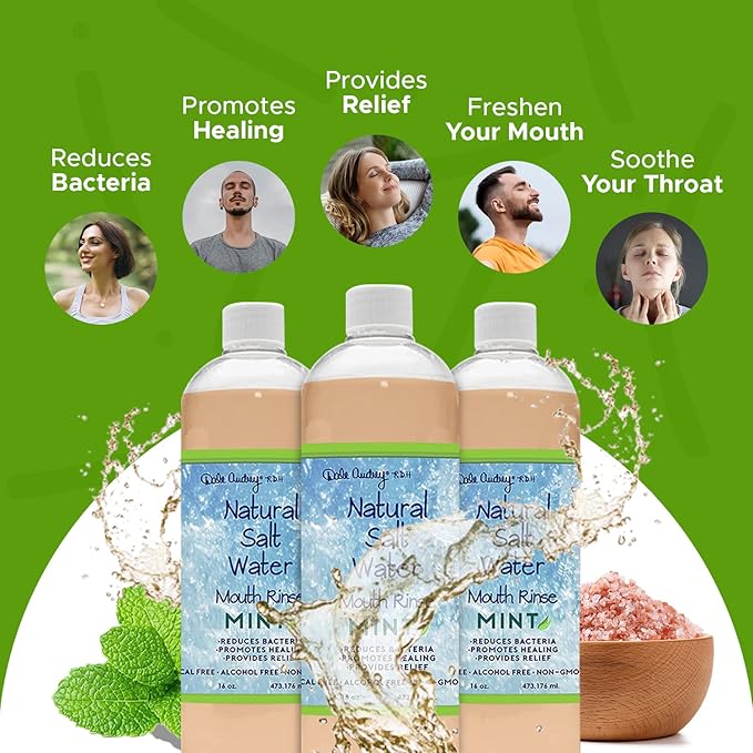 3 Pack Natural Saltwater Mouth Rinse | Himalayan Pink Salt Water Oral Rinse | Organic Refreshing Mint Flavor Fluoride &amp Alcohol Free Mouthwash for Fresh Breath | Natural Gum Care Mouthwash-16 FL O