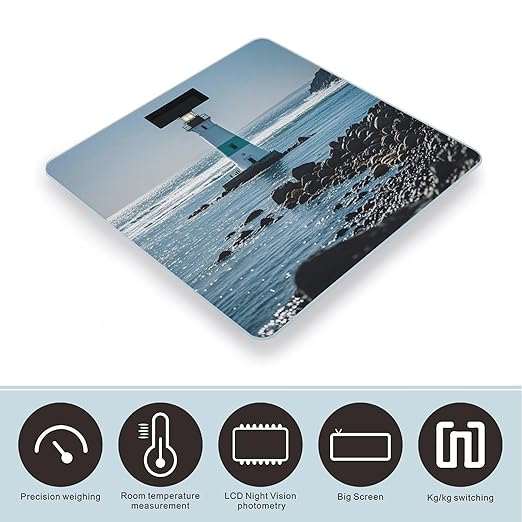 Lighthouse Ocean Bathroom Scale for Body Weight Bathroom Weighing Scales with Back Lit LED Display Sturdy Tempered Glass Body Weight Bathroom Scale 400lb Weighing