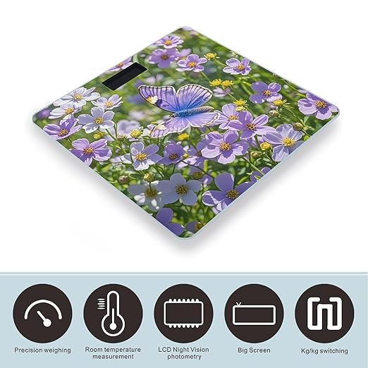 Purple Butterfly and Flowers Scale for Body Weight Highly Accurate Digital Bathroom Body Scale Digital Bathroom Scales for People Anti-Slip Large LCD Display Smart Scales