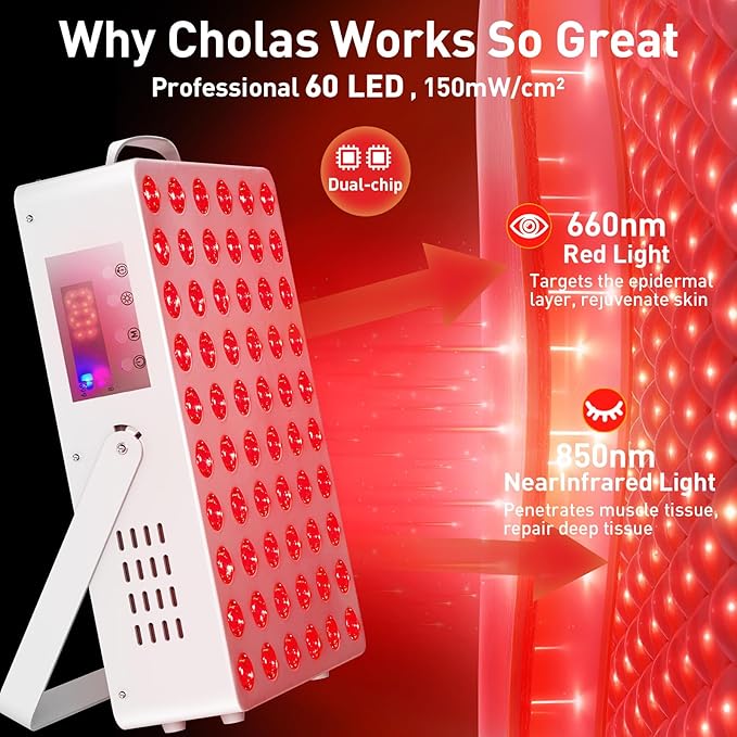 Cholas Red Light Therapy Panel for Face and Body 150W with 60 Dual Chip LEDs 660nm Red Light and 850nm Near Infrared 3 Modes Adjustable Brightness and Timer Gifts for Men Women