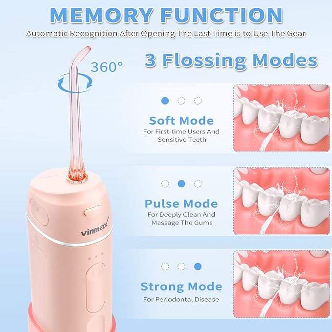 Water FlosserVinmax Portable Cordless Water Flossers for Teeth 3 Modes &amp IPX7 WaterproofMini Rechargeable Home &amp Travel Water Flossers4 Jet TipsBraces Bridges Care.Blue (Pink)