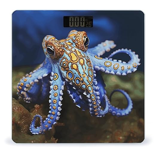 Blue Ringed Octopus Scale for Body Weight Safe Rounded Corners Tempered Glass Digital Bathroom Scale LED Display 400lb Capacity Weight Scales with High Precision Sensors