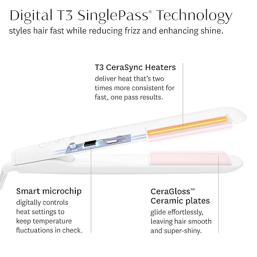 T3 SinglePass StyleMax Professional 1 Ceramic Flat Iron with Custom Heat Automation 9 Heat Settings Longer Ceramic Plates for Straightening Waving Curling &amp Styling