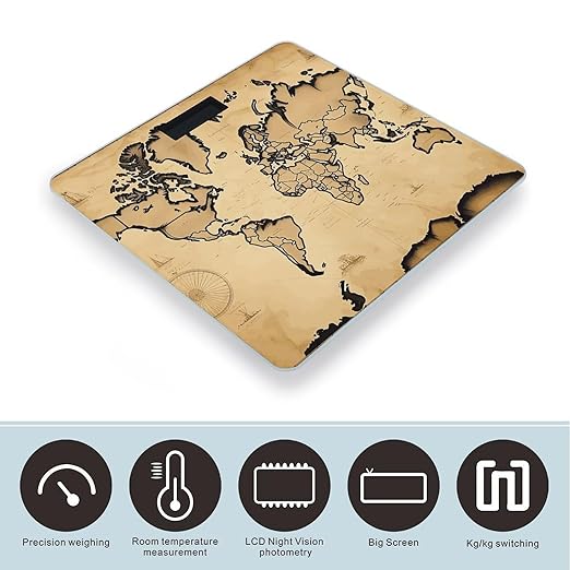 Vintage World Map Scale for Body Weight Anti-Slip Digital Bathroom Scale Sturdy Toughened Glass Weighing Scales High Precision Safe Rounded Corners Smart Scales