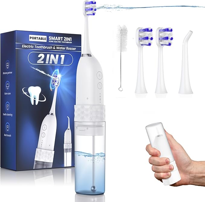 Electric Toothbrush with Water Flosser 2 in 1 Cordless Toothbrush and Water Flosser ComboWater Flosser for Travel and Home (White)
