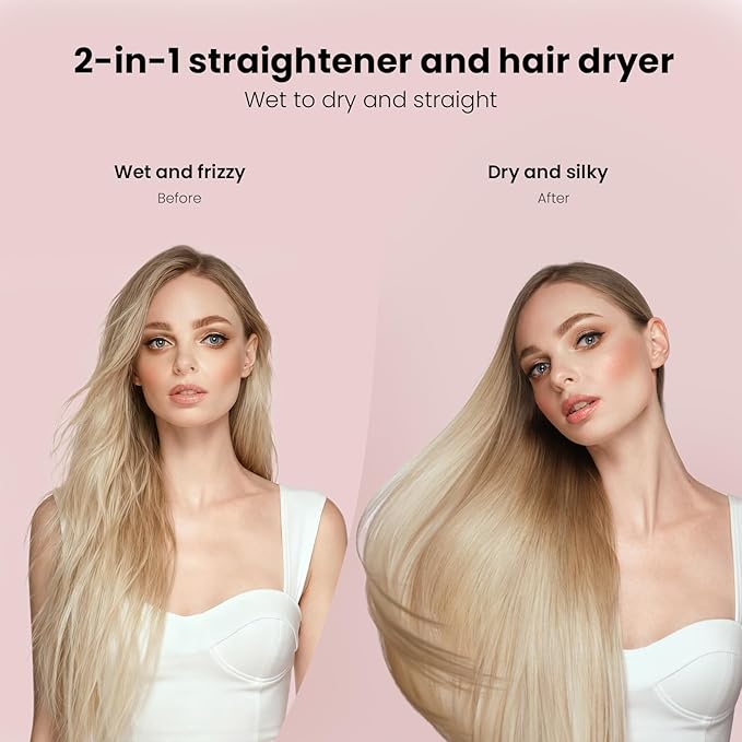 Hair Straightener - 2 in 1 Wet to Dry Hair Dryer and Straightener with High-Speed Airflow + Rapid Heat-Up + Customizable Temperature + LCD Display &amp Auto Shut-Off + No Heat Damage (Dark Black)