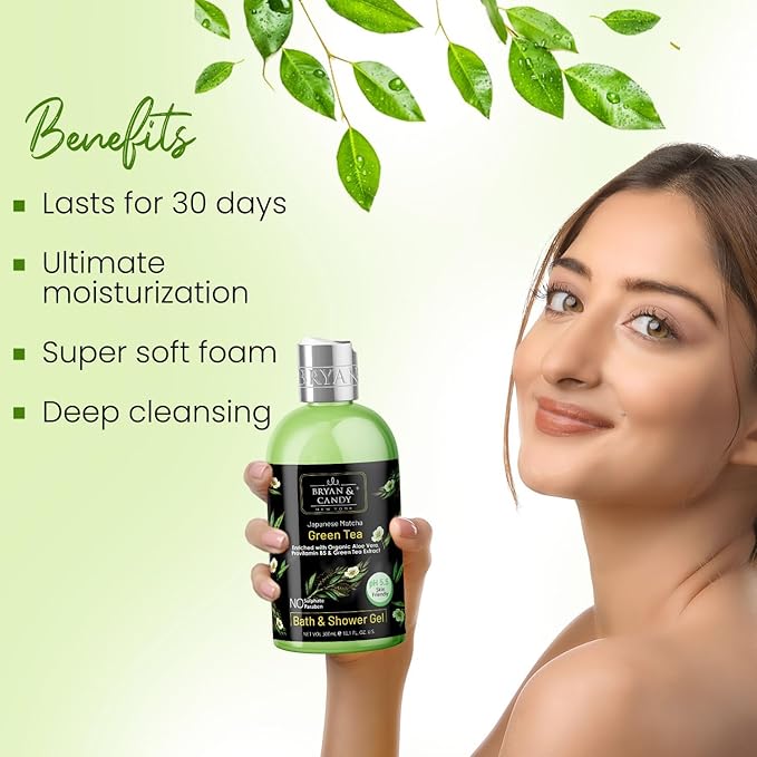 Green Tea Shower Gel (300ml) with Aloe Vera. Gentle Moisturizing Body Wash for Soft Supple Skin