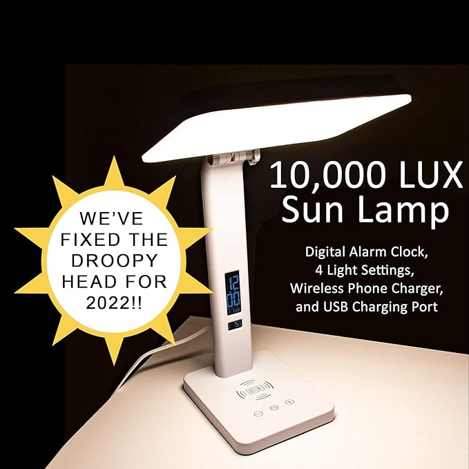 TheraLite Aura Qi Light Therapy Sun Lamp UV Free 10000 LUX Light Therapy Lamp Includes Alarm Clock Phone Charger USB Port White Light