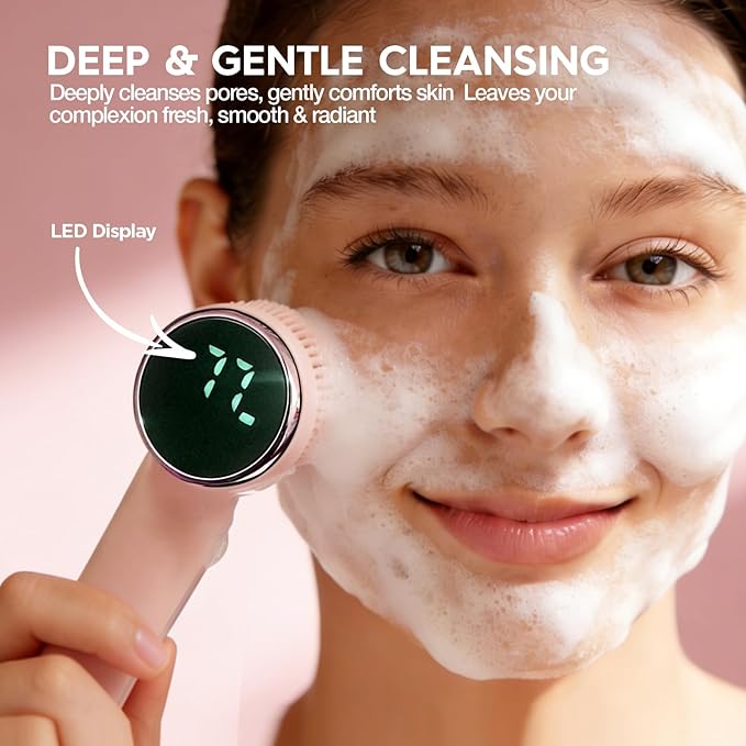 Electric Face Scrubber with Led Display &amp Facial Cleansing Brush - 6-in-1 Exfoliating Kit 3 Speeds IPX6 Waterproof Face Brush for Deep Cleaning Massage &amp Gentle Exfoliation-Pink