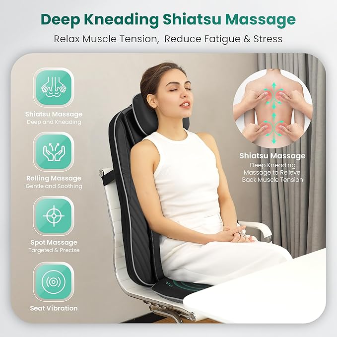 Snailax Gifts for Mom Dad Shiatsu Back Massager with Heat &amp Vibration 3D Kneading Massage Chair Pad for Pain Relief Deep Tissue Chair Massager for Office Home Chair Use