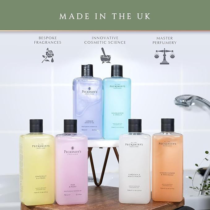 Pecksniff's 33.8 Fluid Oz Shower Gel (Lavender &amp White Tea) - Gentle Cleanser for Sensitive Skin - Moisturizing &amp Hydrating - All Natural Cruelty Free Body Wash - Vitamin B Enriched Body Wash