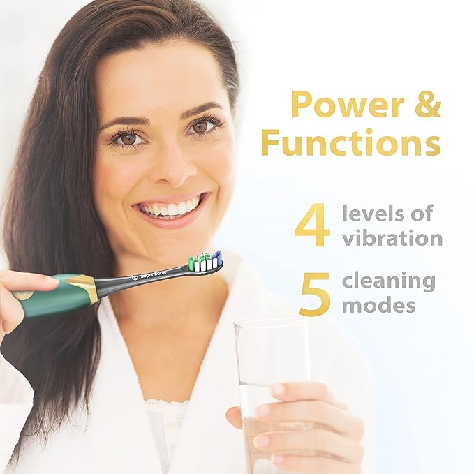 Wagner Stern Ultrasonic whitening Toothbrush with Pressure Sensor. 5 Brushing Modes and 4 Levels of Intensity 8 Soft bristles Travel case.