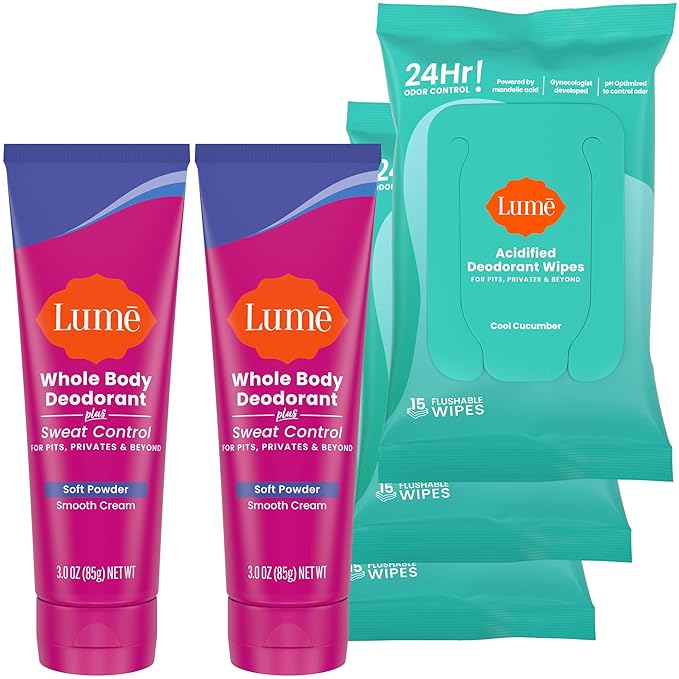 Lume Whole Body Deodorant Plus Sweat Control - Smooth Cream Tube (Soft Powder) and Lume Acidified Deodorant Wipes - 24 Hour Odor Control - Aluminum Free Baking Soda Free Skin Loving