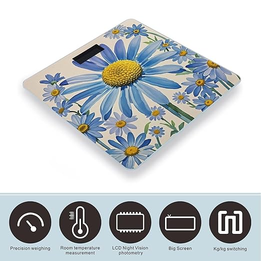 Blue Flower Watercolor Daisy Scale for Body Weight Highly Accurate Digital Bathroom Body Scale Digital Bathroom Scales for People Anti-Slip Large LCD Display Smart Scales