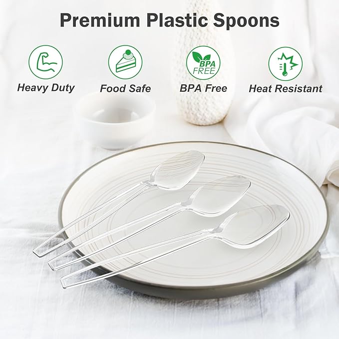 300 Count Clear Plastic Spoons Disposable BPA-Free Heat Resistant Solid and Durable Disposable Spoons Heavy Duty Bulk Premium Spoons plastic disposable for Party Supply