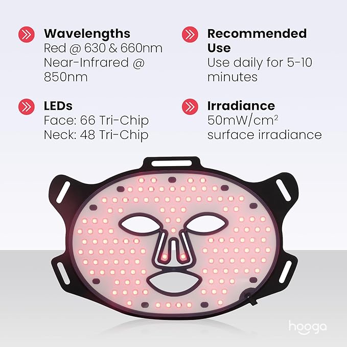 Hooga Red Light Therapy Mask – LED Face Mask 630nm 660nm Red &amp 850nm Near Infrared Light Therapy Tri Chip LEDs Rechargeable Adjustable Comfortable Face Mask