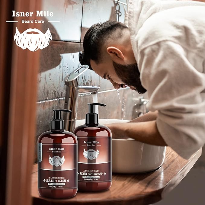 ISNER MILE Beard Wash &amp Conditioner Set for Men - 17 oz Shampoo with Biotin Argan &amp Jojoba Oils for Smooth Soft and Strengthened Beard - Sandalwood Scented Grooming Gift