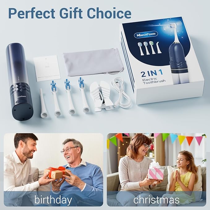 Marchpower Upgraded 2-in-1 Electric Toothbrush with Water Flosser 3+4 Smart ModesPortable Oral Irrigator with Point-Jet Rechargeable IPX7 Waterproof for Home &amp Travel UseNavy Blue
